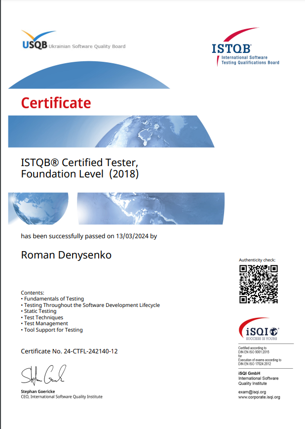 ISTQB Foundation level certificate ISTQB Foundation level certificate